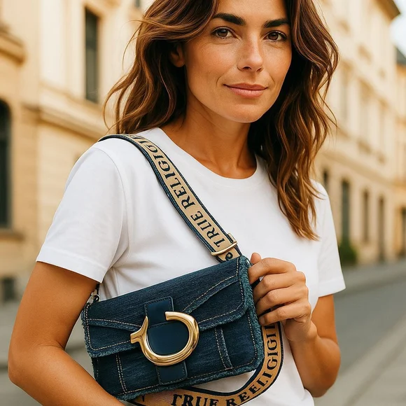 True Religion Blue Crossbody Bag with Gold Accents new no Tag 10" wide 4" high - Picture 2 of 7